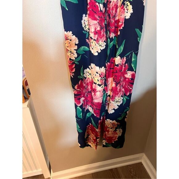 Lulus Size M Floral Surplice Jumpsuit Navy Blue Red Flower Tropical Tie Waist - Picture 8 of 12